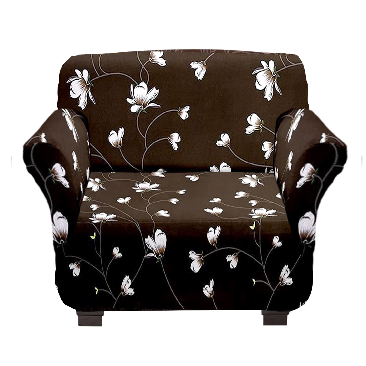 Kuber Industries Flower Printed Stretchable, Non-Slip Polyster Single Seater Sofa Cover/Slipcover/Protector with Foam Stick (Brown)-50KM01397, Standard