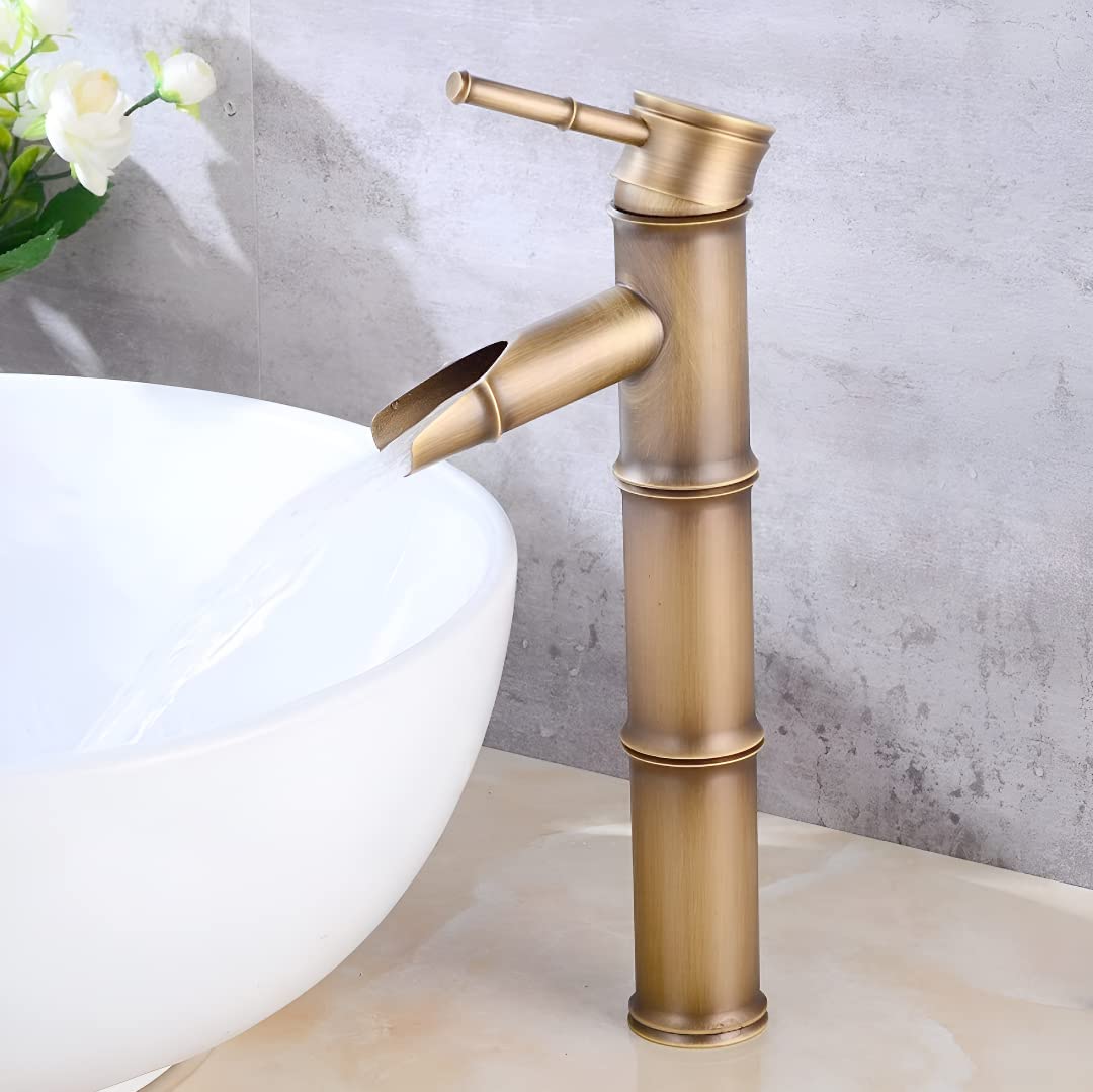 Plantex Pure Brass Bamboo Style Single Lever Hot & Cold Wash Basin Mixer/High Neck Pillar Cock with Single Handle (Brass Antique)