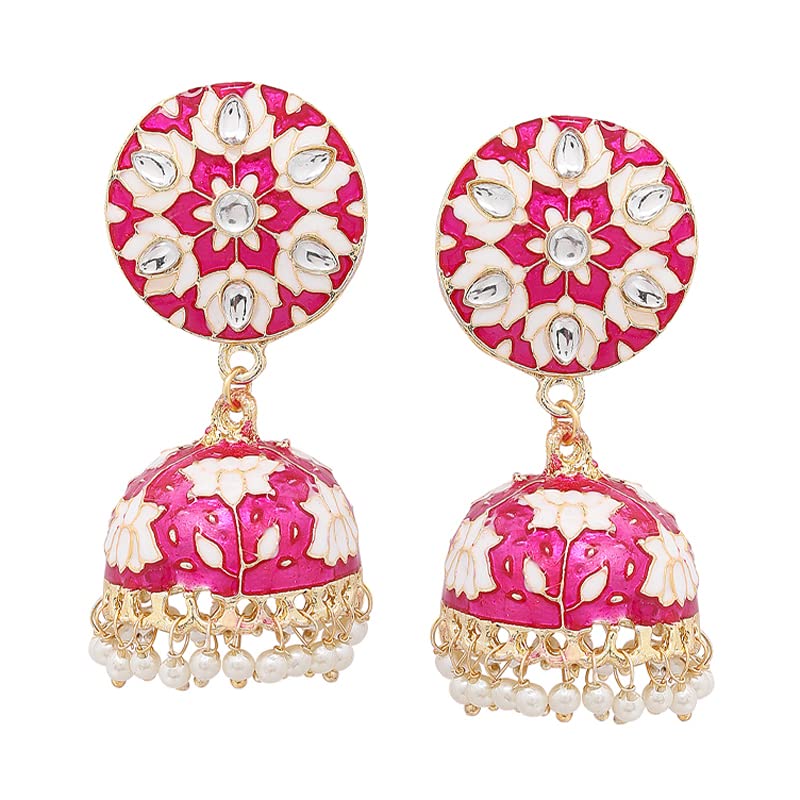 Kairangi Earrings for Women and Girls | Traditional Pink Meenakari Jhumka | Gold Plated Kundan Jhumkas | Floral Jhumki Earrings | Birthday Gift for Girls and Women Anniversary Gift for Wife