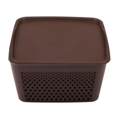 Kuber Industries Netted Design Unbreakable Multipurpose Square Shape Plastic Storage Baskets with lid Large (Brown)
