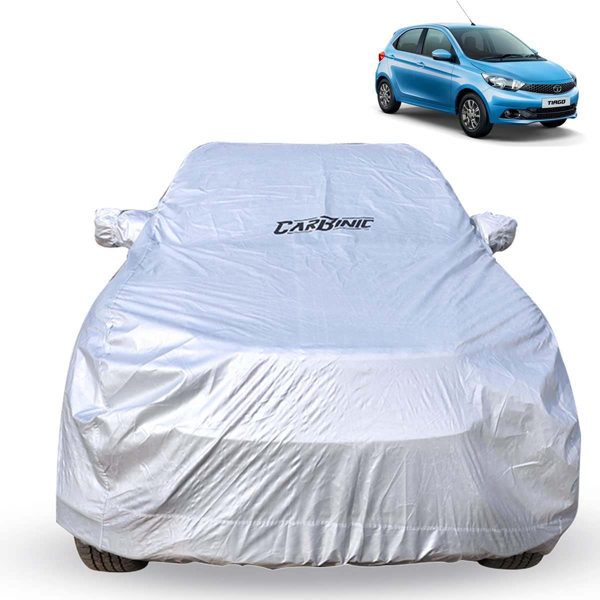 CARBINIC Car Cover for Tata Tiago 2021 Water Resistant (Tested)& Dustproof Custom Fit UV Heat Resistant Outdoor Protection with Triple Stitched Fully Elastic Surface (Silver)