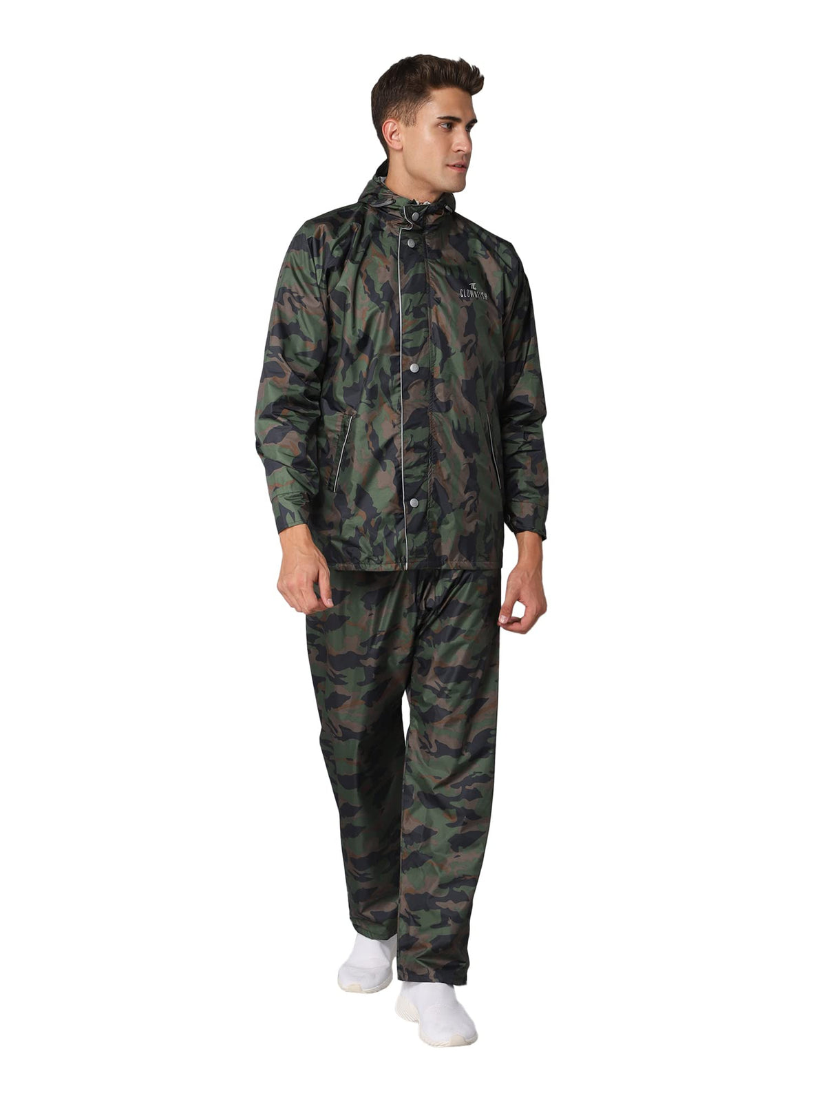 THE CLOWNFISH Warrior Pro Series Men's Waterproof Polyester Double Coating Reversible Raincoat with Hood and Reflector Logo at Back for Night Travelling. Set of Top and Bottom (Green Camo, X-Large)