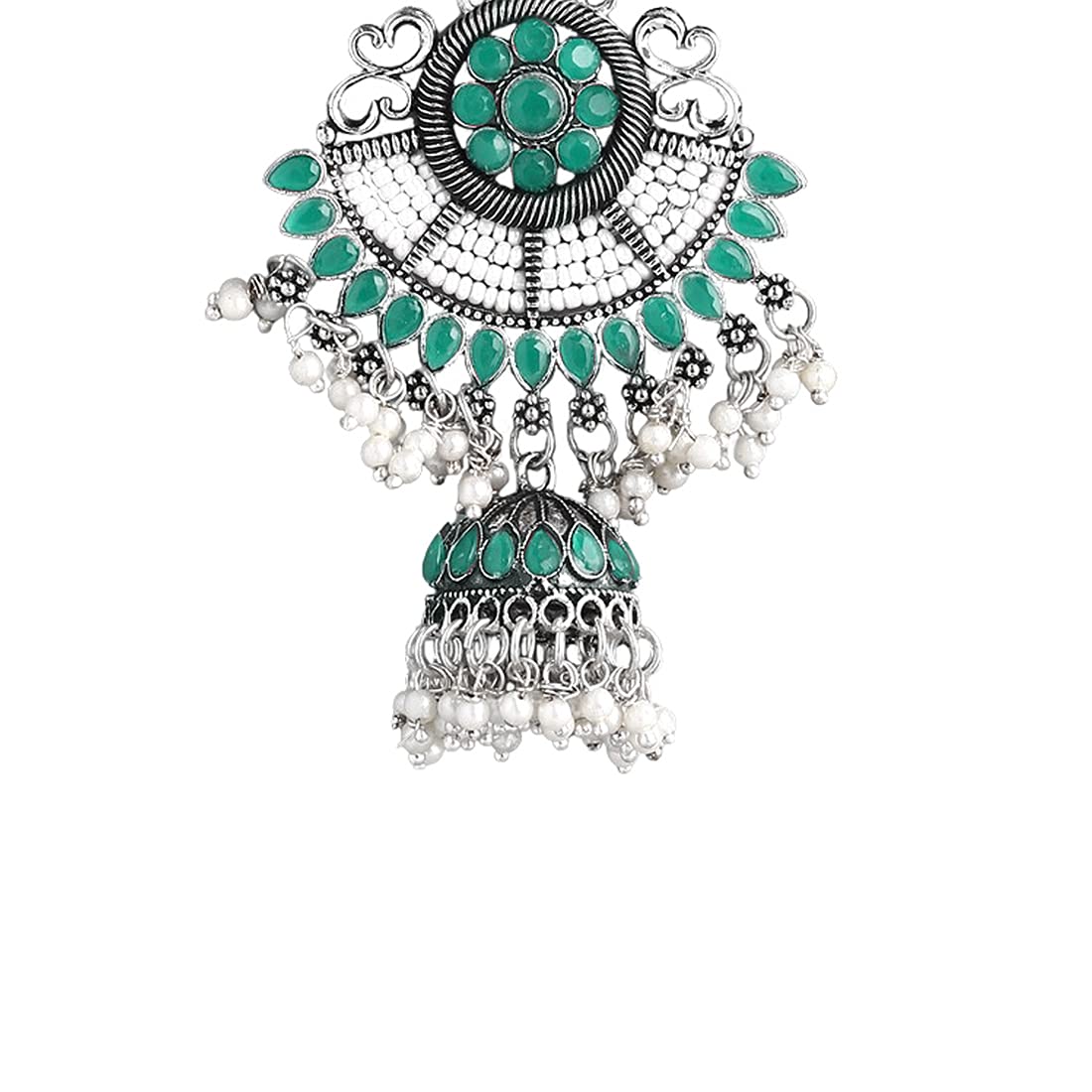 Yellow Chimes Ethnic German Silver Oxidised Multicolour Studded stones Flower Design Pearl Moti Traditional Chandbali Earrings for Women and Girls Green