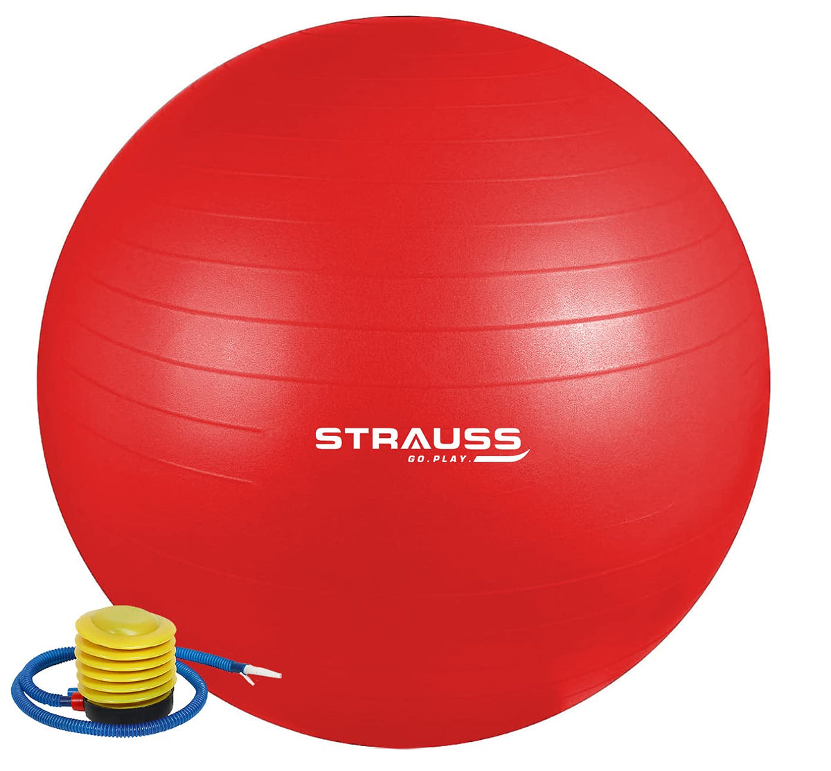 STRAUSS Anti-Burst Rubber Gym Ball with Free Foot Pump | Round Shape Swiss Ball for Exercise, Workout, Yoga, Pregnancy, Birthing, Balance & Stability, 65 cm, (Red)