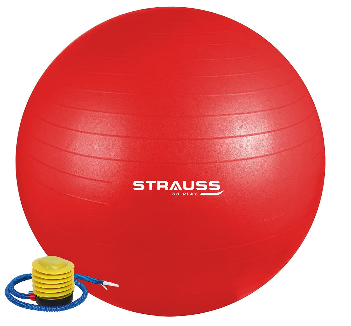 STRAUSS Anti-Burst Rubber Gym Ball with Free Foot Pump | Round Shape Stability Ball for Core Strength, Balance Training, Yoga & Stability| Fitness Equipment for Home Gym | 55 cm, (Red)
