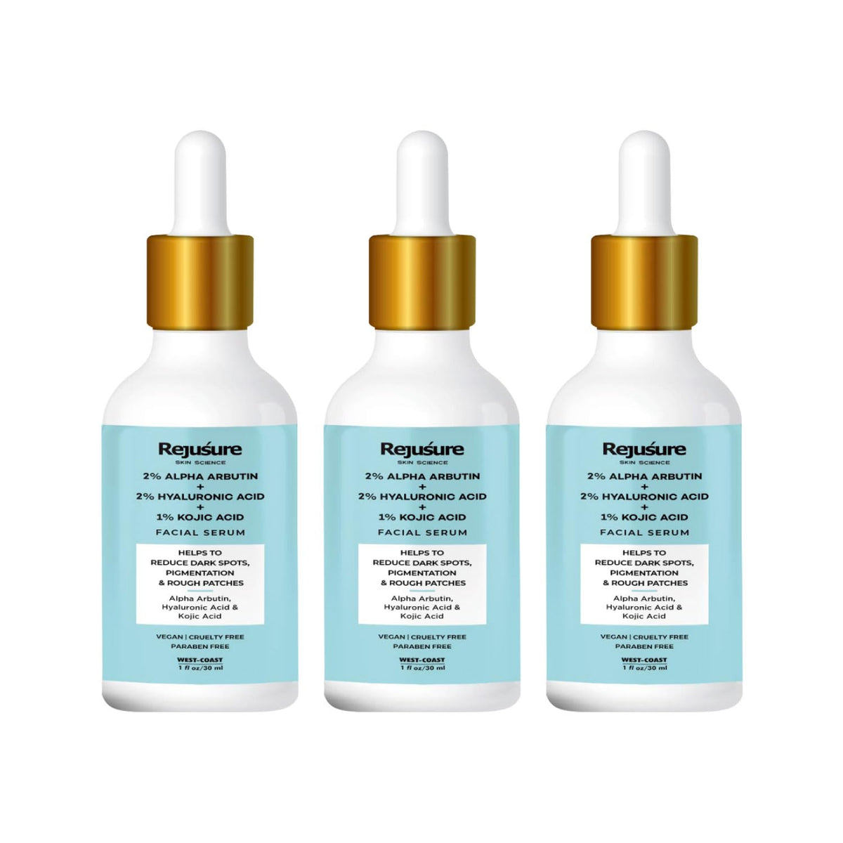 Rejusure Alpha Arbutin 2% + Hyaluronic Acid 2% + Kojic Acid 1% Face Serum for Dark Spot, Pigmentation, Sun Tanning, Removes Blemishes, Uneven Skin Tone & Acne Marks - 30ml (Pack of 3)