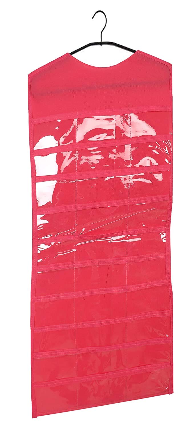 Kuber Industries Hanging Jewellery Organizer|Transparent Pockets & Waterproof PVC Material|Upto 27 Pockets, Size 81 x 40 CM (Pink)
