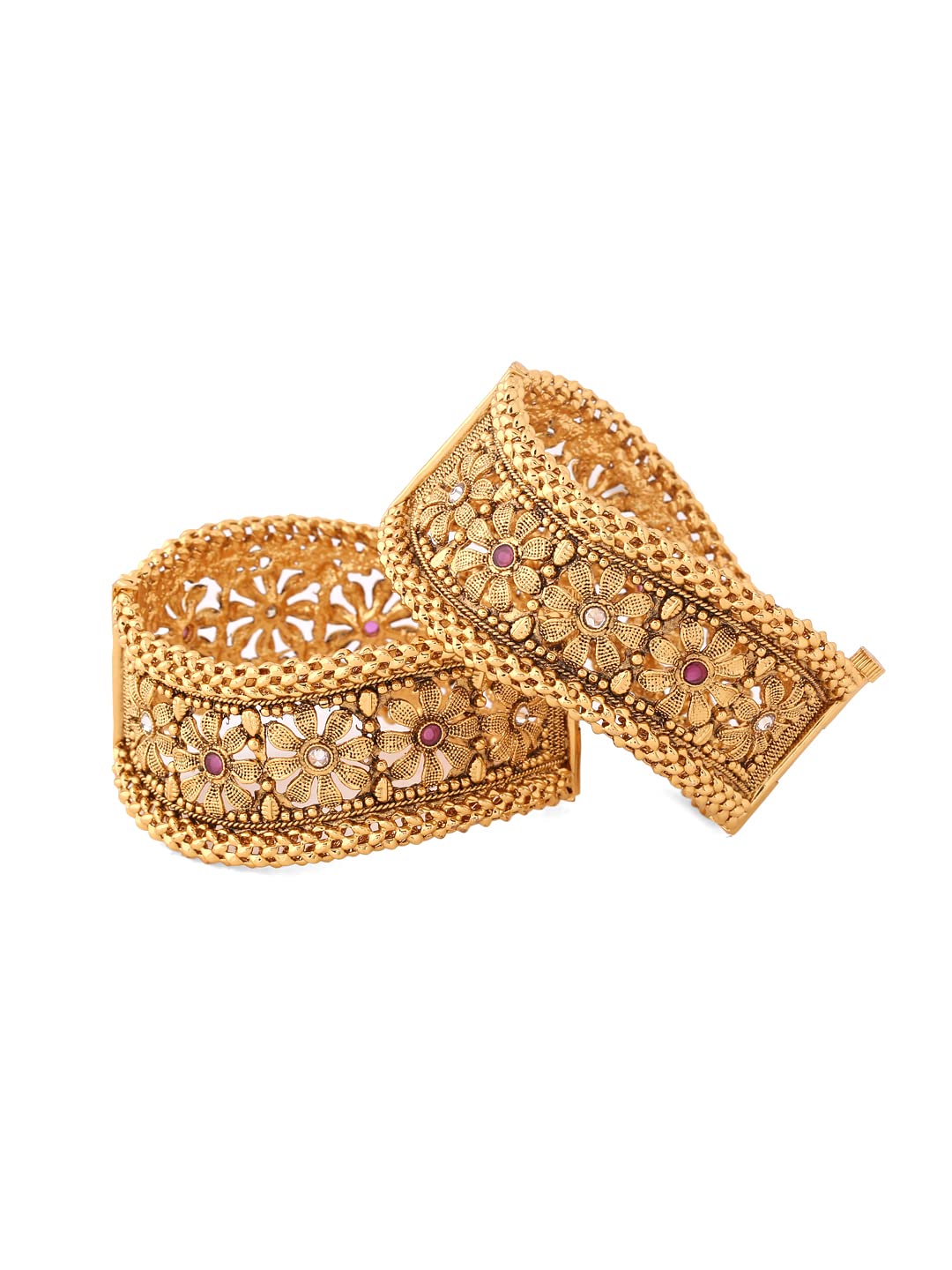 Yellow Chimes Bangles for Women Gold Toned Kundan and Red Pearl Studded Floral Designed Bangles for Women and Girls