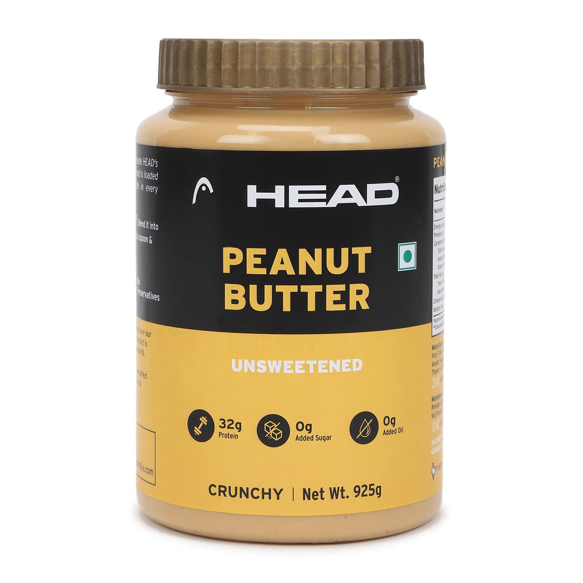Head High Protein Peanut Butter (925g, Unsweetened, Crunchy) | 100% Pure Nuts | Protein & Fiber Rich Nutritious Snack