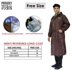 THE CLOWNFISH Polyester Reversible Use Unisex Waterproof Long Coat Raincoat For Men And Women With Adjustable Hood And Reflector At Back For Night Visibility Opener Series (Brown-Free Size)