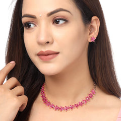 Yellow Chimes Jewellery Set for Women Rose Gold Toned AD/American Diamond Studded Pink Crystal Floral Designed Choker Necklace Set for Women and Girls