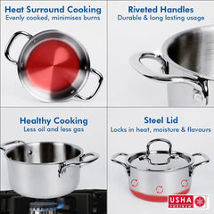 USHA SHRIRAM Triply Stainless Steel Tope with Lid | Handi Casserole with lid | Gas Stove & Induction Cookware | Durable, Non-Toxic | Easy Grip Handle | Heat Surround Cooking (4L)