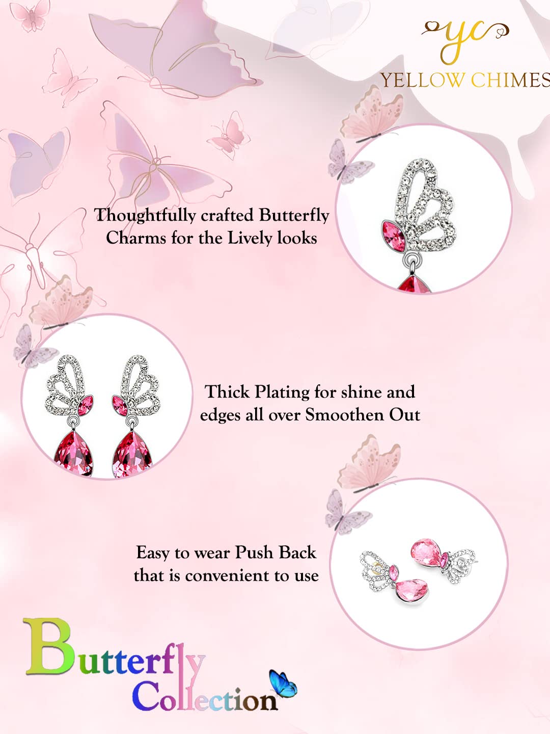 Yellow Chimes Earrings for Women & Girls | Fashion Sparkling Pink and White Color Crystal Drop| Silver Tone Drop Earring | Butterfly Shaped Western Alloy Drop Earrings | Birthday & Anniversary Gift