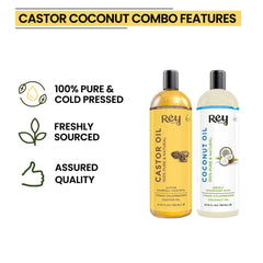 Rey Naturals¬Æ Cold-Pressed, 100% Pure Castor Oil & Coconut Oil Combo - Moisturizing & Healing, For Skin, Hair Care, Eyelashes (200 ml + 200 ml) (200 ml) (200 ml) (200 ml) (750)