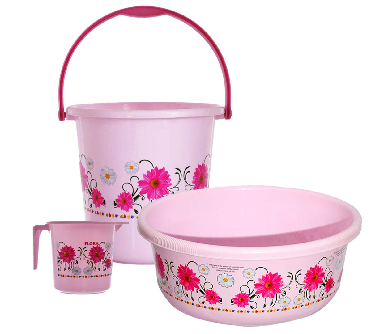 Kuber Industries Floral Print Bathroom Bathing Set of 3 Piece with Plastic 18 LTR Bucket, 1 LTR Mug, 40 LTR Bath Tub (Pink)-KUBMART1272