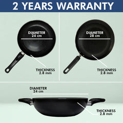 SAVYA HOME 3 Piece Non Stick Set | Non Stick Tawa 2.8mm | Non Stick Kadai | Frying Pan Non Stick | with Lid | Stove & Induction Cookware| 3 Layer Coating Non Stick Set Combo | 2 Year Warranty - Black