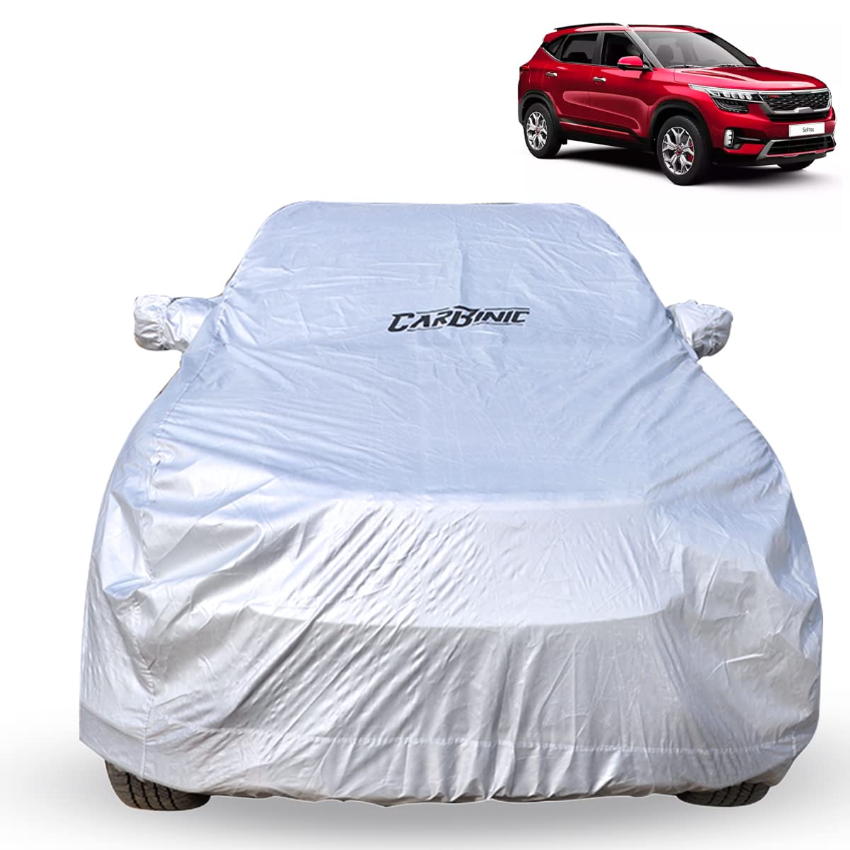 CARBINIC Waterproof Car Body Cover for KIA Seltos 2019 | Dustproof, UV Proof Car Cover | Seltos Car Accessories | Mirror Pockets & Antenna Triple Stitched | Double Layered Soft Cotton Lining, Silver