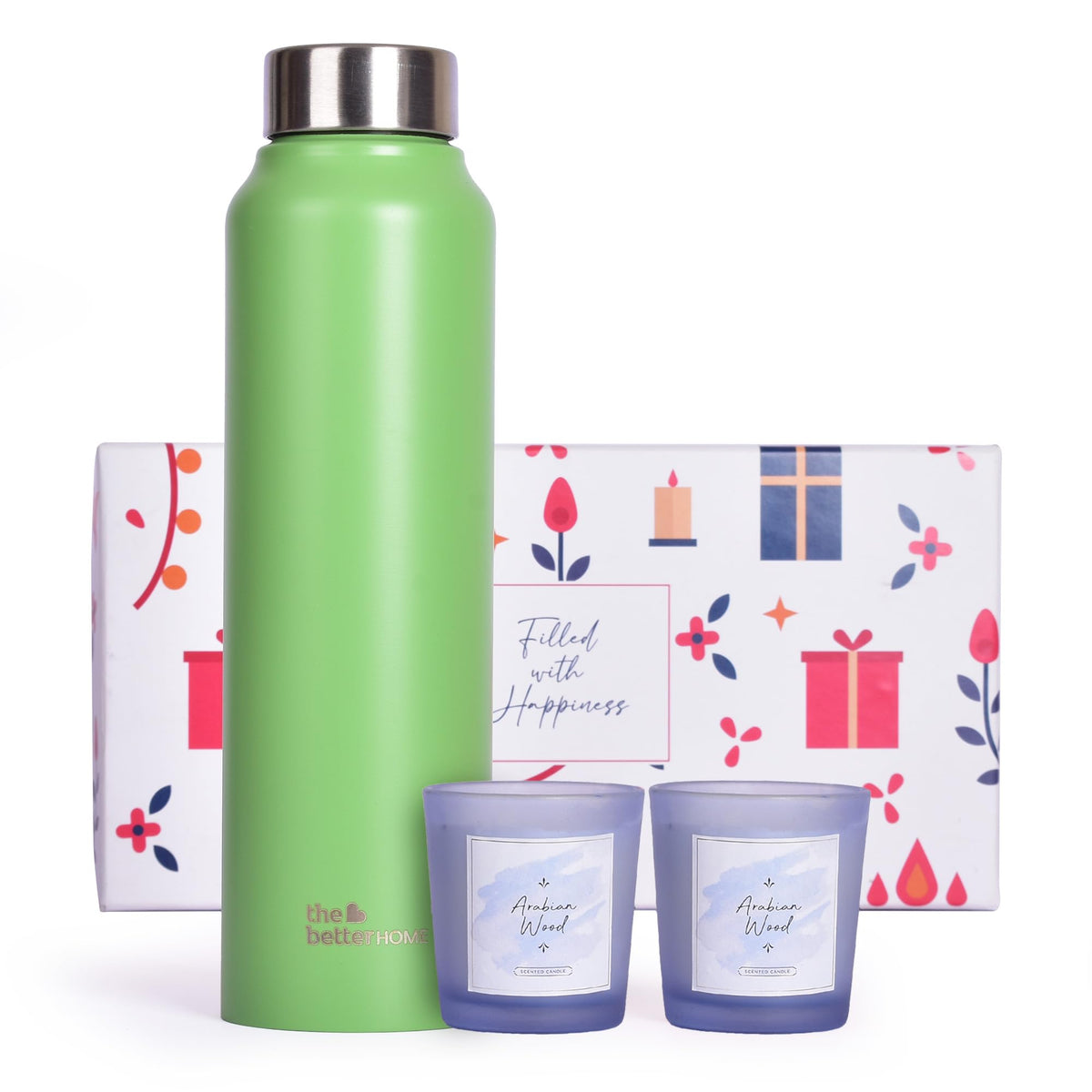 Gleevers Gift Set for Housewarming, Diwali | Gift Box of 3 with The Better Home Water Bottle (Green, 1 LTR) & 2 Candles(Arabian Wood,60gm) | Gift for Housewarming,Secret Santa Gifts