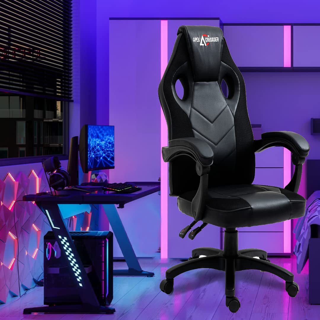 SAVYA HOME Hacker Multi-Functional Ergonomic Gaming/Computer/Home/Office Chair, Premium PVC Fabric Chair with Built-in Lumbar support (Blue)| Apex Crusader Gaming Series (Black)