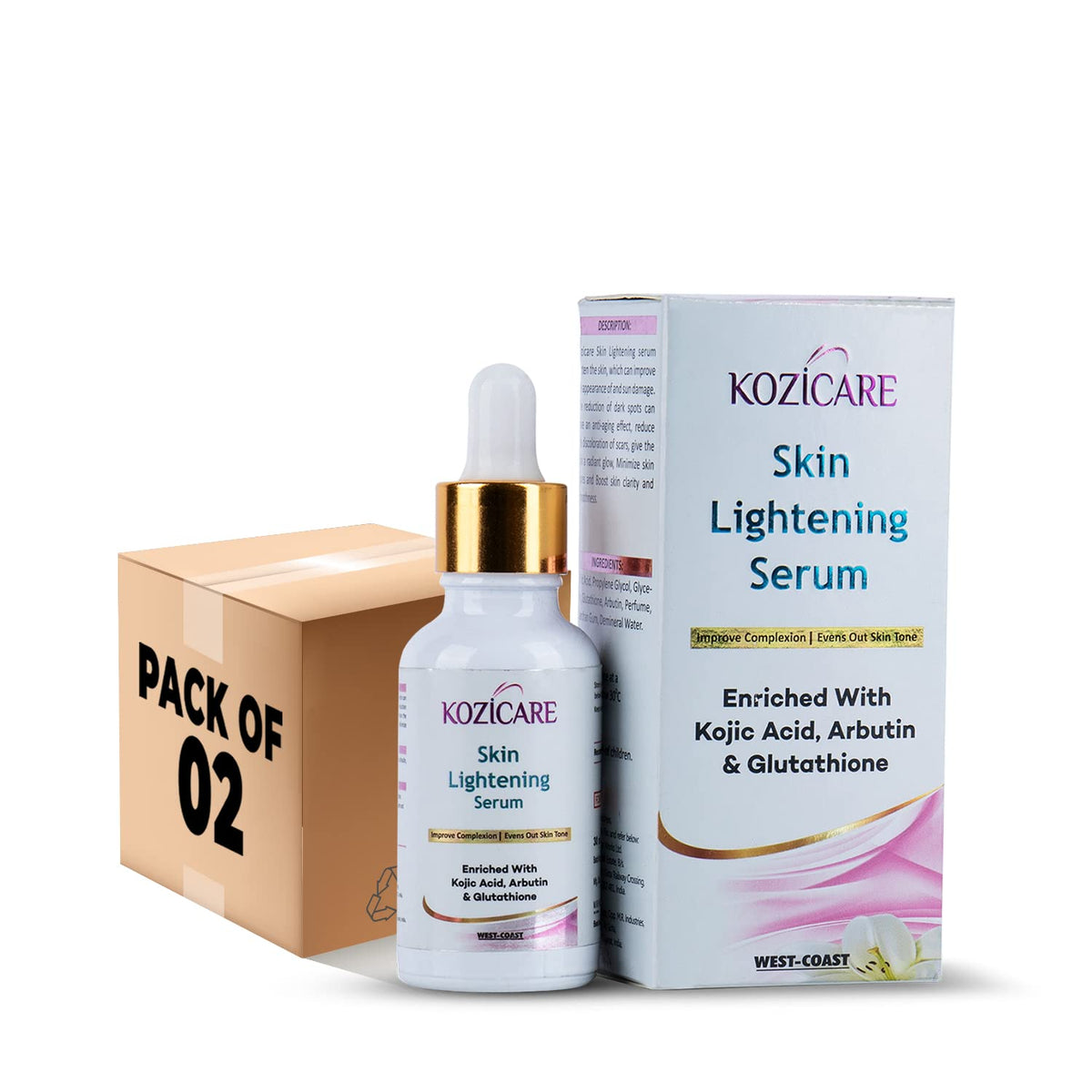 Kozicare Skin Lightening Serum Enriched With Kojic Acid, Arbutin and Glutathione | Maximum Strength Brightening for Face, Neck & Body – Dark Spots, Hyperpigmentation - 30ml (Pack of 2)