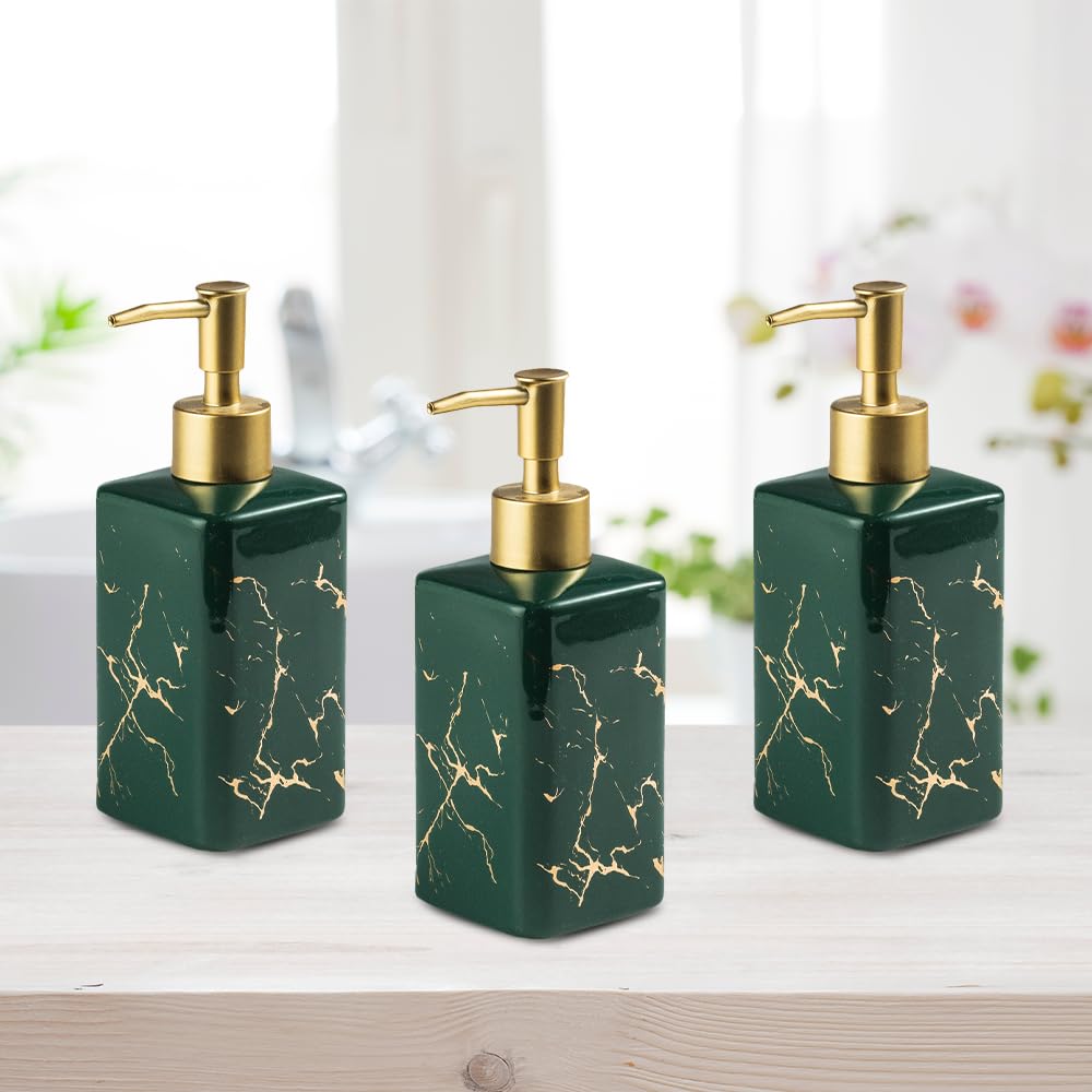 The Better Home 320ml Dispenser Bottle - Green (Set of 3) | Ceramic Liquid Dispenser for Kitchen, Wash-Basin, and Bathroom | Ideal for Shampoo, Hand Wash, Sanitizer, Lotion, and More