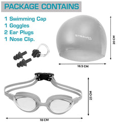STRAUSS Swimming Kit (Silicone cap|Swimming Goggle|Earplugs|Noseplug) (Grey) (Pack of 2)