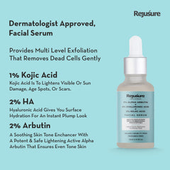 Rejusure 2% Alpha Arbutin + 2% Hyaluronic Acid + 1% Kojic Acid Face Serum - Dark Spot Correction, Hydration, Radiance, Hyperpigmentation, Blemishes, Skin Texture & radiamce | For Men & Women