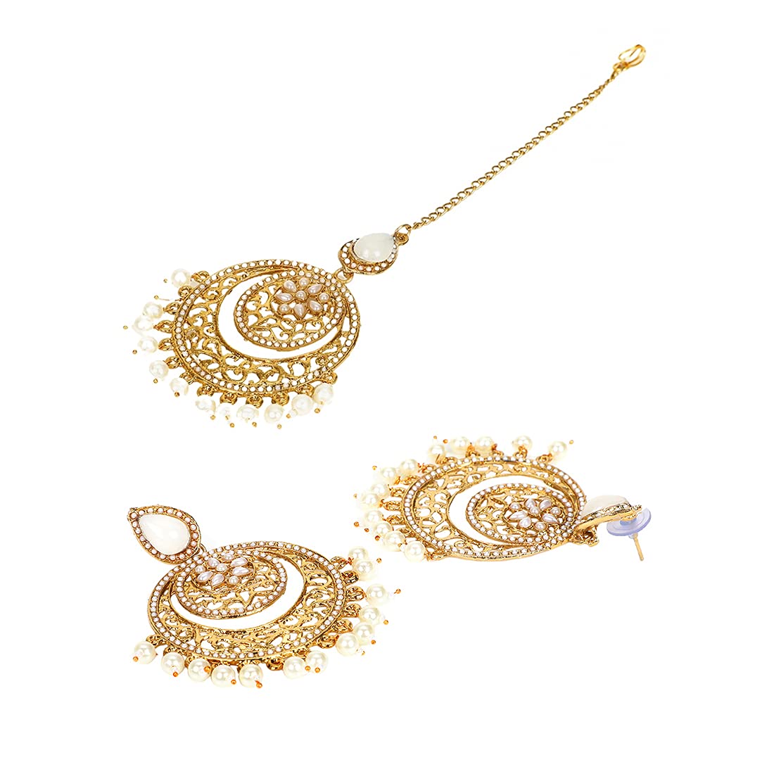 Yellow Chimes Ethnic Gold Plated Traditional Pearl Chandbali Earrings with Maangtikka for Women and Girls, Medium (YCTJER-04MNGPRL-GL)
