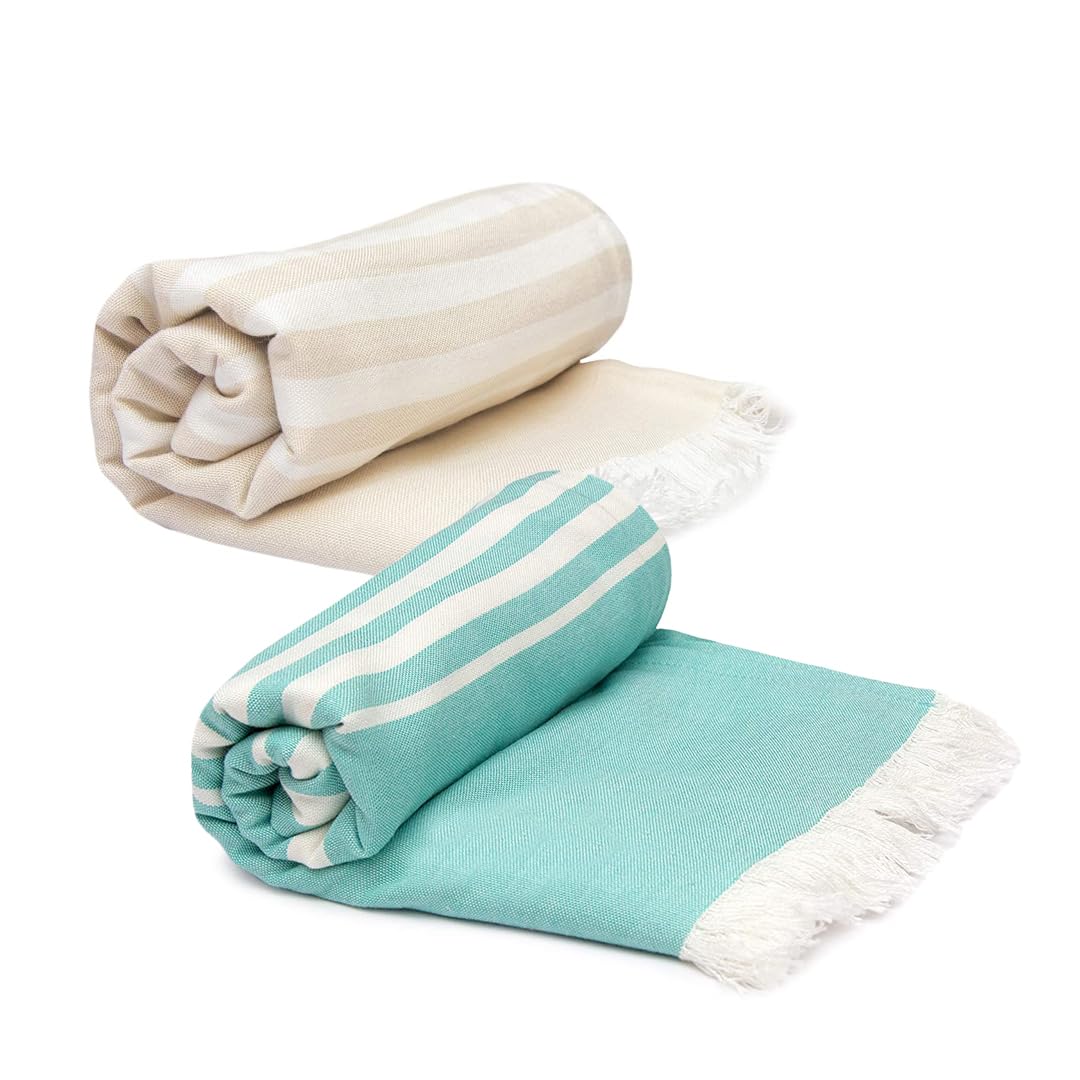 Mush Bamboo Turkish Towel | 100% Bamboo |Ultra Soft, Absorbent & Quick Dry Towel for Bath, Beach, Pool, Travel, Spa and Yoga | 29 x 59 Inches (Aqua & Beige)