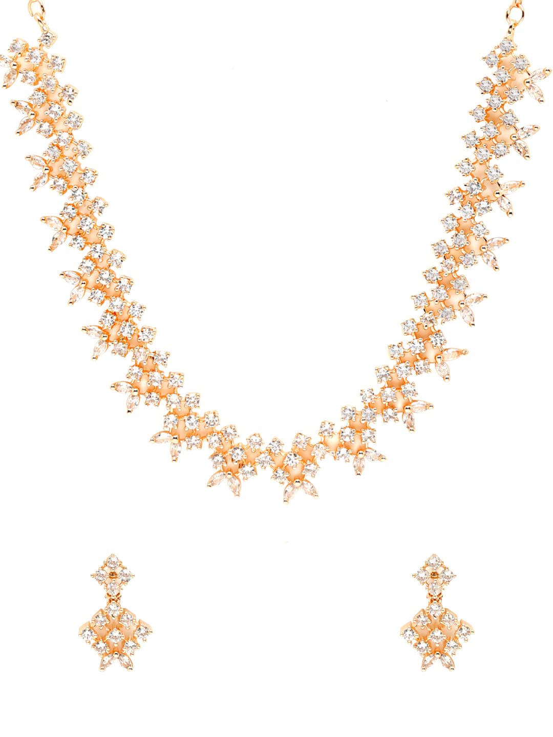Yellow Chimes American Diamond Jewellery Set for Women Rosegold Plated High Grade Authentic White AD Jewellery Necklace Set for Women and Girls