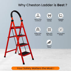 Cheston Premium MS Steel 6-Step Foldable Ladder 6.1' FT Anti-Skid Step Ladder | Sturdy and Strong Supports 150 Kgs | Wide Pedals & Hand Grip (Black & Red)