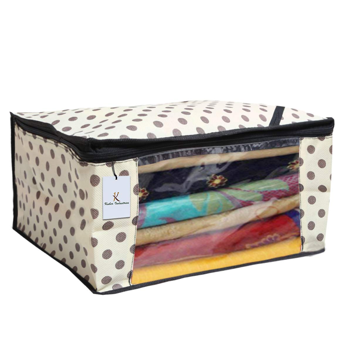 Kuber Industries Polka Dots Saree Cover/Regular Cloth Bag/Wardrobe Organizer Set of 3 Pcs (Ivory)