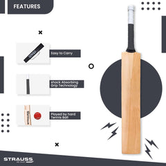 Strauss Double Blade Designer Kashmir Willow Pressed Bat with Singapore Cane Handle | Weight Between 1000 GMS to 1100 GMS | Thick Blade, Powerful Stroke Play for Tennis Ball Cricket (Plain)