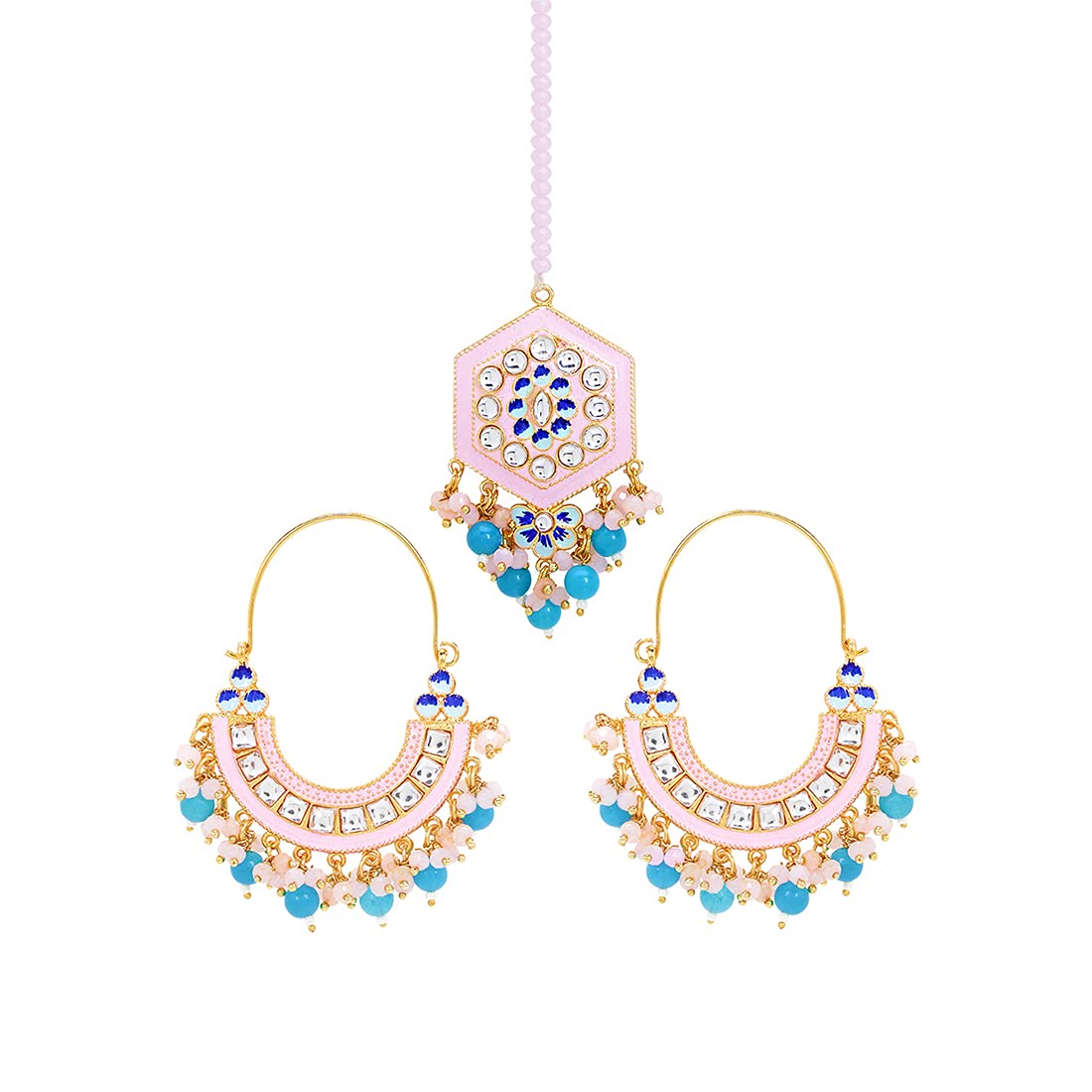 Yellow Chimes Ethnic Gold Plated Traditional Studded Stone Blue Beads Pink Meenakari Chandbali Earrings with Maangtikka for Women and Girls, Medium (YCTJER-108CNDMGT-PK)