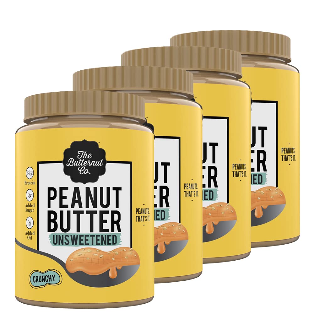 The Butternut Co. Natural Peanut Butter (Crunchy) 1kg | PACK OF 4 | Unsweetened | 32g Protein | No Added Sugar | 100% Peanuts | No Salt | High Protein Peanut Butter | Vegan