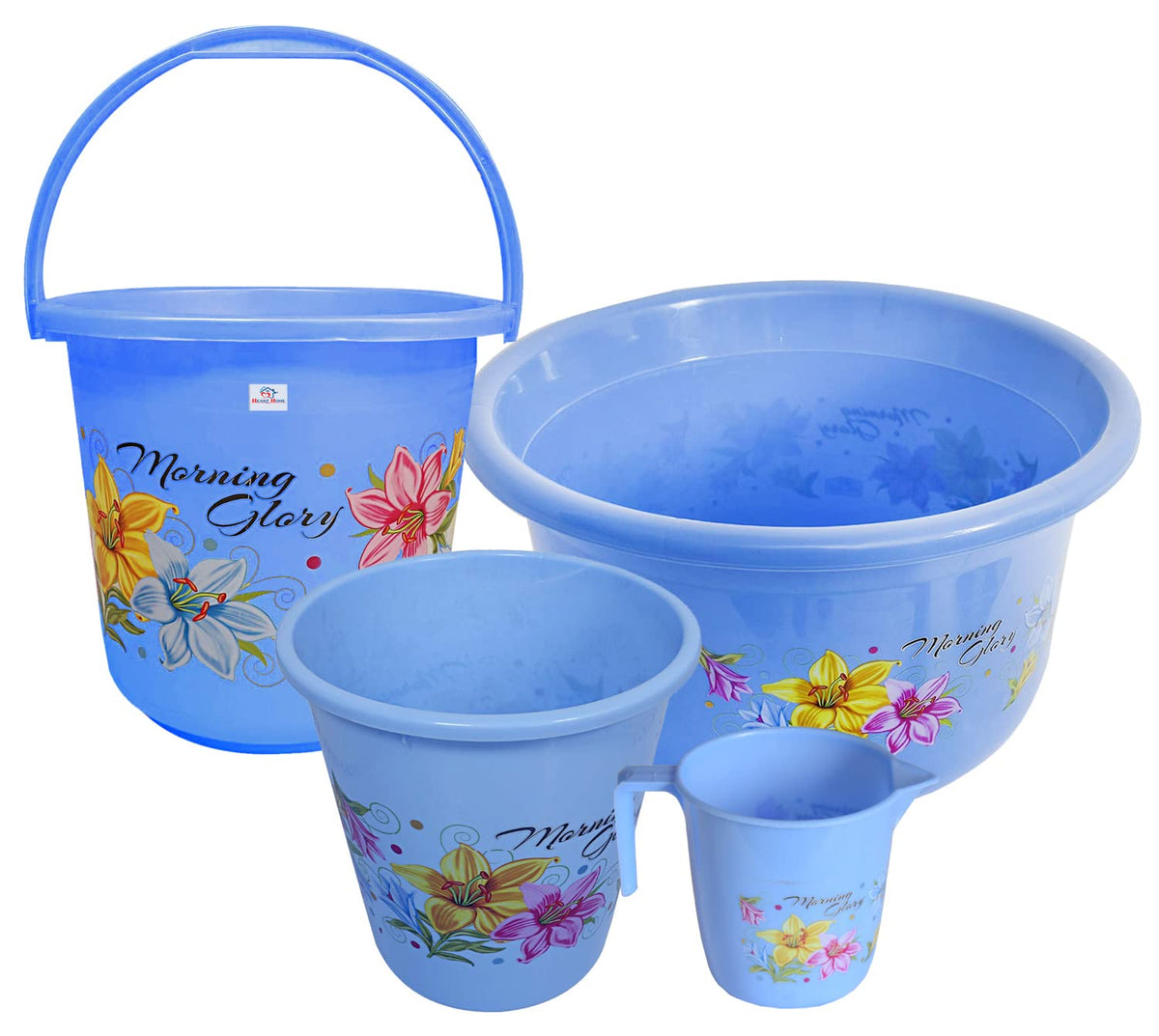 Heart Home Printed 4 Pieces Plastic Bucket, Dustbin, Mug & Tub Set (Blue)