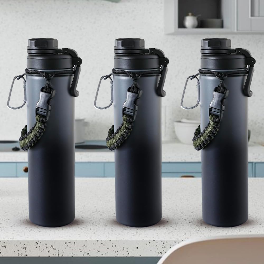 The Better Home Pack of 3 Stainless Steel Insulated Water Bottles | 960 ml Each | Thermos Flask Attachable to Bags & Gears | 6/12 hrs hot & Cold | Water Bottle for School Office Travel | Black