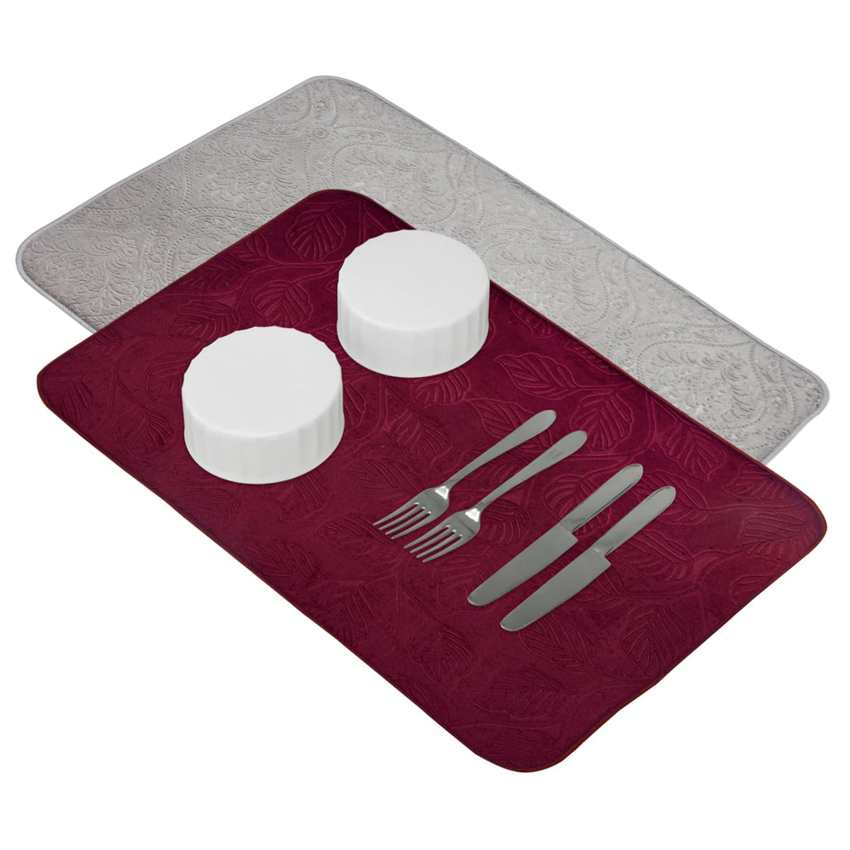 Kuber Industries Dish Dry Mat | Microfiber Self Drying Mat | Kitchen Drying Mat | Water Absorbent Kitchen Mat | Embossed Dish Dry Mat | 38x50 | Pack of 2 | Maroon & Gray
