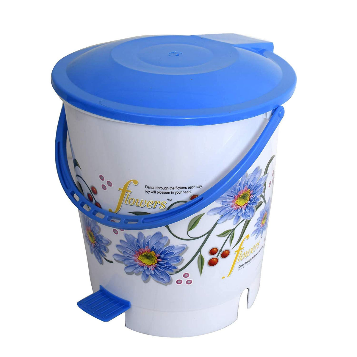 Kuber Industries Flower Print Plastic Step-On Plastic Dustbin for Home, Office, Factory with Lid, 10 Liters (KUBMART10946, Blue)