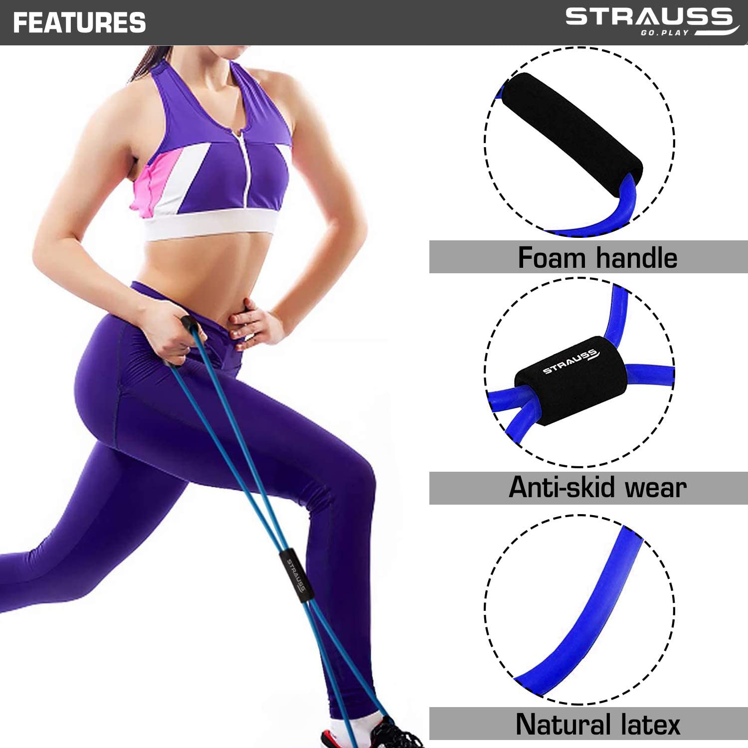 Strauss Yoga Chest Expander | Ideal for Yoga, Gym, Home Workout | Premium Natural Latex, Lightweight, Soft & Comfortable Handle | 8 Shape Toning & Resistance Tube, (Blue)
