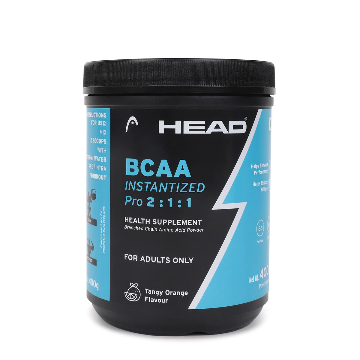 Head BCAA Powder for Adults 400g (67 Servings, Post/Intra Workout, Orange Flavor) - Muscle Recovery, Endurance & Athletic Performance Pro 2:1:1, L-Leucine, L-Valine, L-Isoleucine, Acidity Regulator, Preservative Free