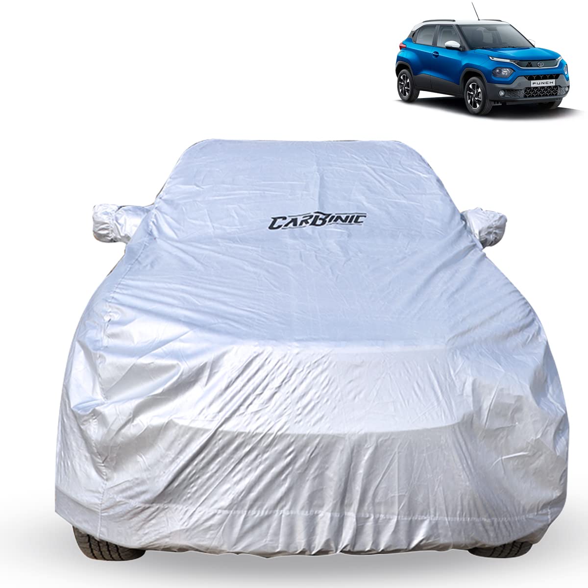 CARBINIC Car Body Cover for Tata Punch 2021 | Water Resistant, UV Protection Car Cover | Scratchproof Body Shield | Dustproof All-Weather Cover | Mirror Pocket & Antenna | Car Accessories, Silver