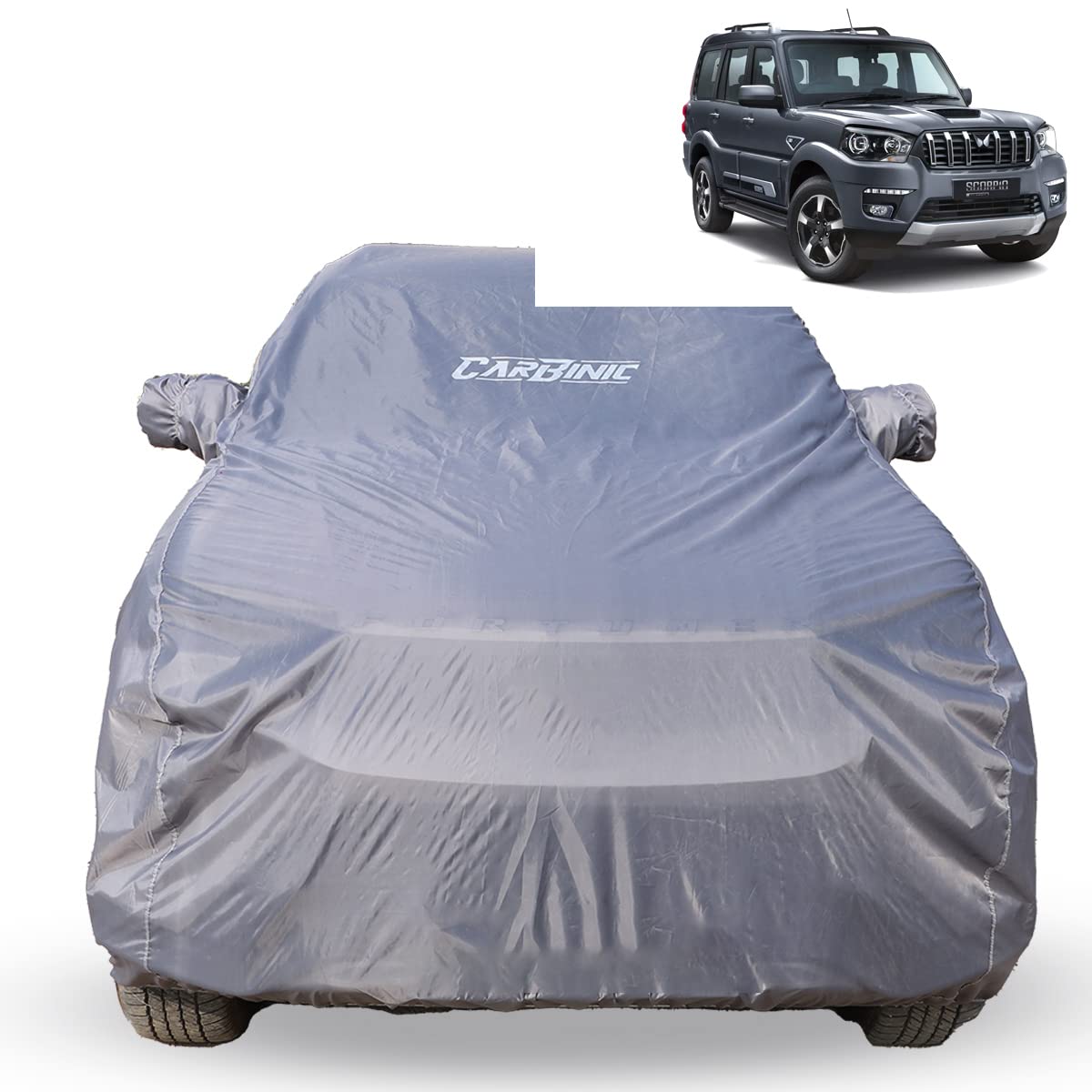 CarBinic Car Cover for Mahindra Scorpio N 2022 Water Resistant (Tested) and Dustproof Custom Fit UV Heat Resistant Outdoor Protection with Triple Stitched Fully Elastic Surface | Grey with Pockets