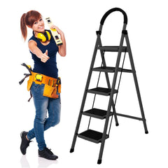 Cheston Premium MS Steel 5-Step Foldable Ladder 5.1' FT Anti-Skid Step Ladder | Sturdy and Strong Supports 150 Kgs | Wide Pedals & Hand Grip (Black)