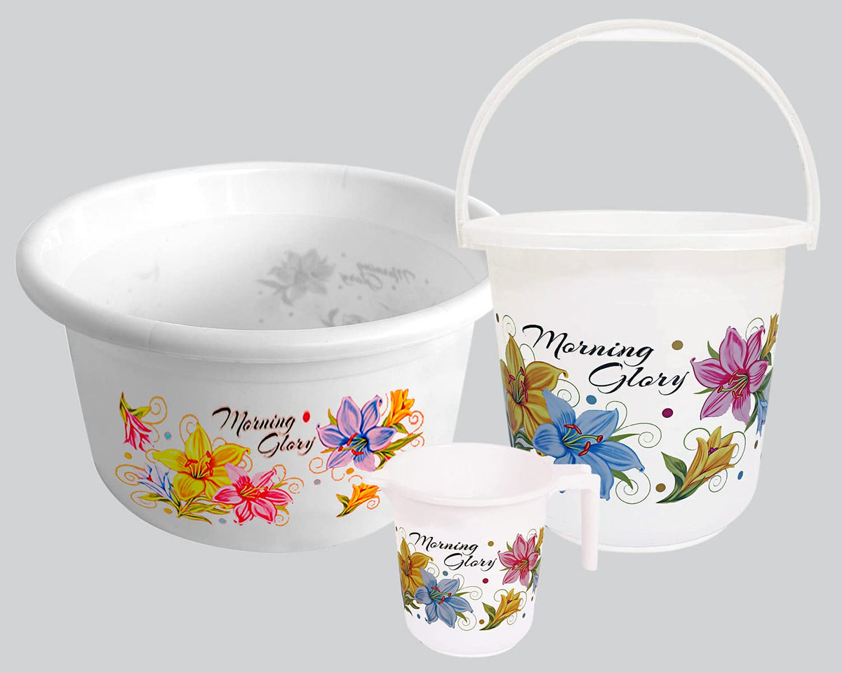 Kuber Industries Printed 3 Pieces Plastic Bucket, Mug & Tub Set (White)