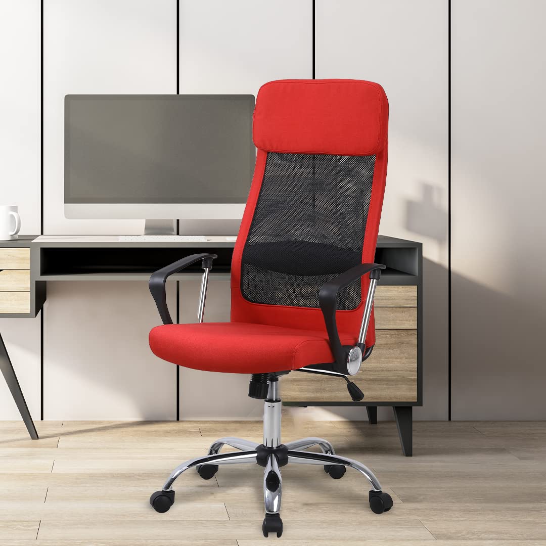 SAVYA HOME Zenith Ergonomic High back chair for Home, Office, Study table with Recline|Height adjustable cushion seat with headrest (Grey) (Red)