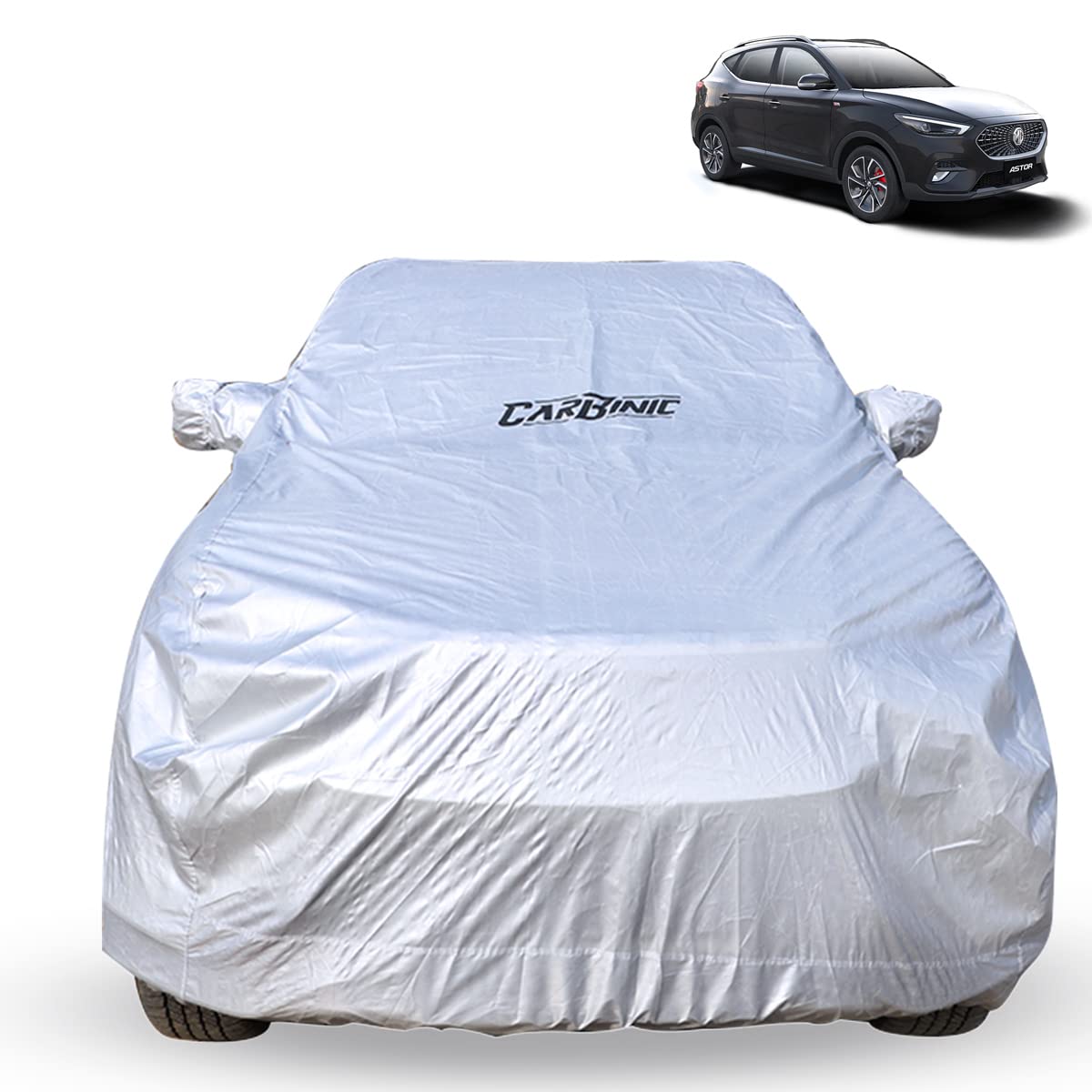 CARBINIC Waterproof Car Body Cover for MG Astor 2021 | Dustproof, UV Proof Car Cover | Astor Car Accessories | Mirror Pockets & Antenna Triple Stitched | Double Layered Soft Cotton Lining, Silver