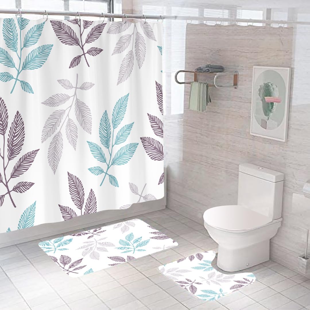 SAVYA HOME Shower Opaque Curtain (1) & Bathroom Mat (2) Set, Shower Curtains For Bathroom I, Waterproof Fabric I Anti Skid Mat For Bathroom Floor I Multicolor Leaves, Pack Of 3