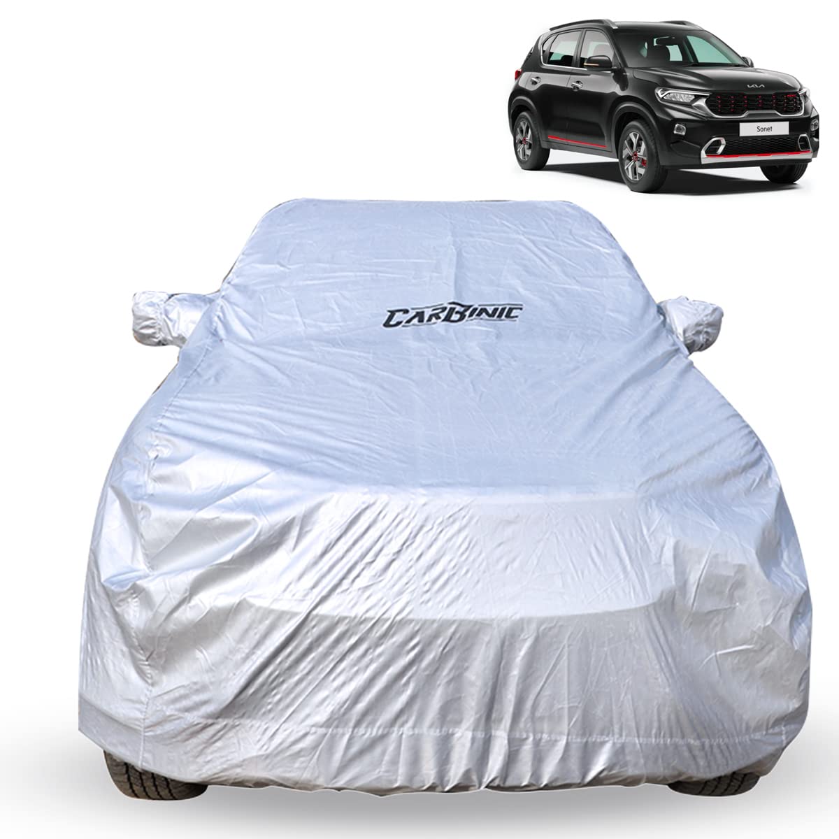 CARBINIC Car Cover for KIA Sonet 2020 Water Resistant (Tested) and Dustproof Custom Fit UV Heat Resistant Outdoor Protection with Triple Stitched Fully Elastic Surface (Silver)