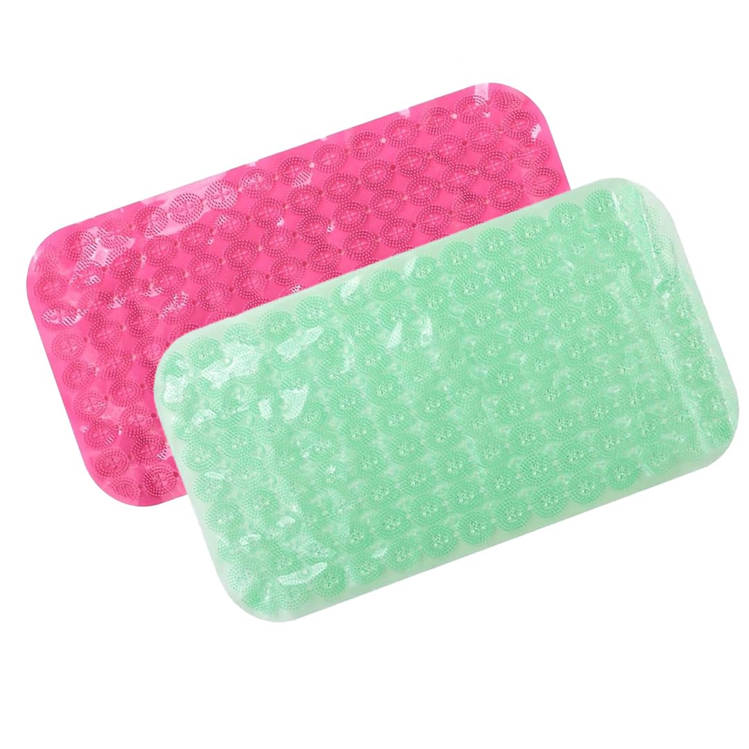 Savya Home Anti Skid Bath Mat for Bathroom, PVC Bath Mat with Suction Cup, Machine Washable Floor Mat (67x37 cm)| Light Green & Pink